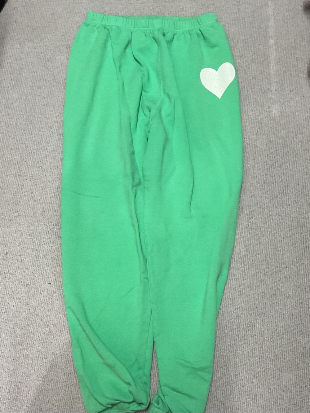 Katie J NYC Green Track Joggers with White Heart